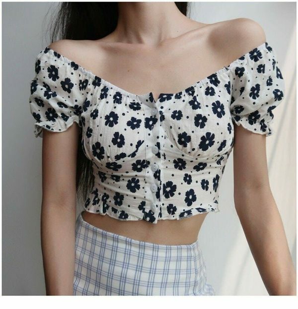 Floral Puff Sleeves Crop Top - Y2K Streetwear French Retro Aesthetic