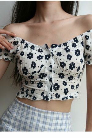 Floral Puff Sleeves Crop Top - Y2K Streetwear French Retro Aesthetic