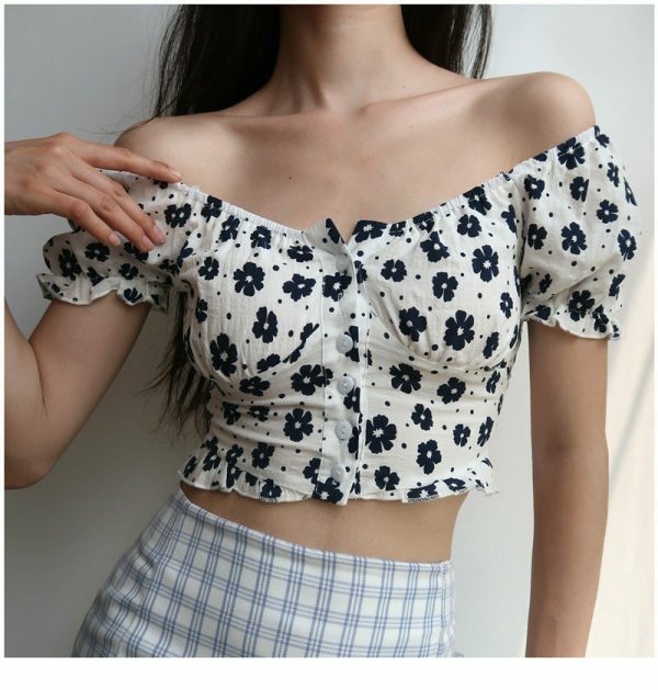 Floral Puff Sleeves Crop Top - Y2K Streetwear French Retro Aesthetic