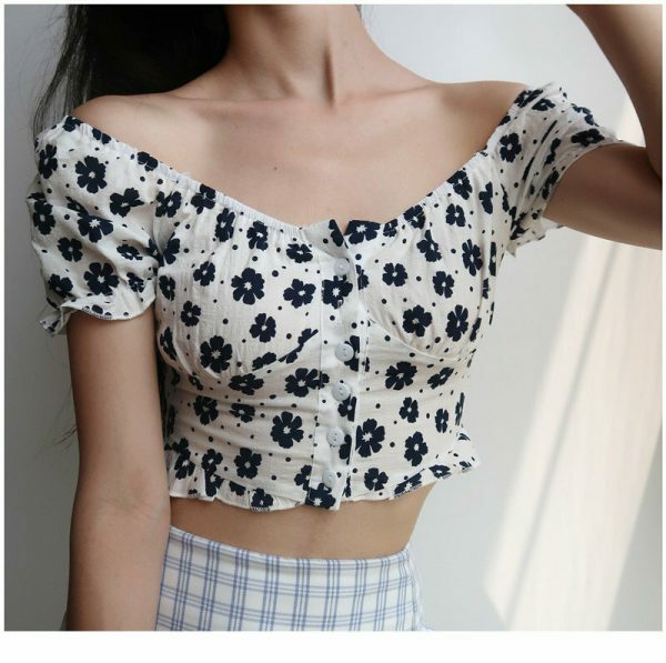 Floral Puff Sleeves Crop Top - Y2K Streetwear French Retro Aesthetic