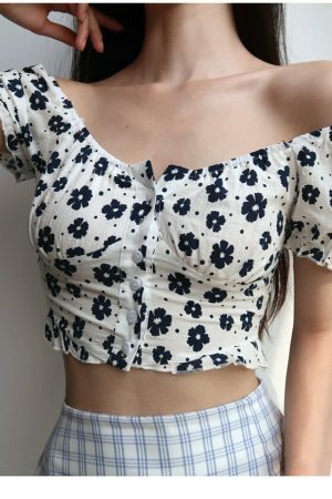 Floral Puff Sleeves Crop Top - Y2K Streetwear French Retro Aesthetic