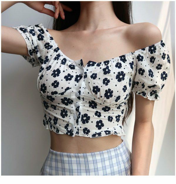 Floral Puff Sleeves Crop Top - Y2K Streetwear French Retro Aesthetic