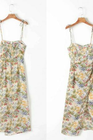 Floral Split Midi Dress Y2K Streetwear Aesthetic