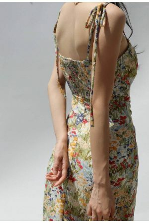 Floral Split Midi Dress Y2K Streetwear Aesthetic