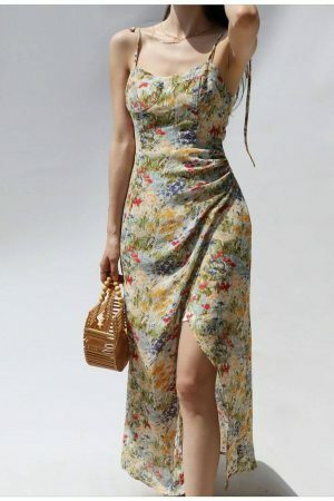 Floral Split Midi Dress Y2K Streetwear Aesthetic