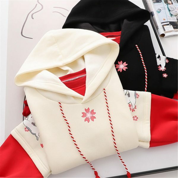 Flower Rabbit Embroidered Multicolor Fleece Hoodie Y2K Streetwear Aesthetic