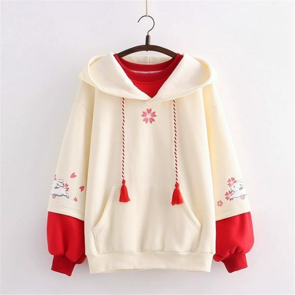 Flower Rabbit Embroidered Multicolor Fleece Hoodie Y2K Streetwear Aesthetic