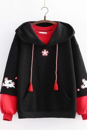 Flower Rabbit Embroidered Multicolor Fleece Hoodie Y2K Streetwear Aesthetic