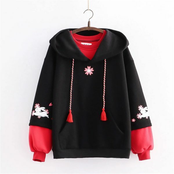 Flower Rabbit Embroidered Multicolor Fleece Hoodie Y2K Streetwear Aesthetic