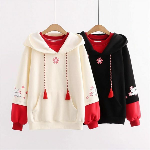 Flower Rabbit Embroidered Multicolor Fleece Hoodie Y2K Streetwear Aesthetic