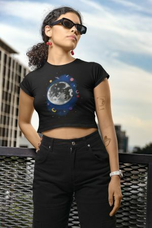 Galactic Moon Black Crop Tee, Mystic Planet Stars Luna Print, UFO Cosmic Streetwear Shirt