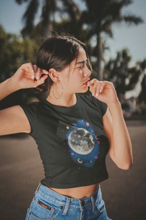 Galactic Moon Black Crop Tee, Mystic Planet Stars Luna Print, UFO Cosmic Streetwear Shirt