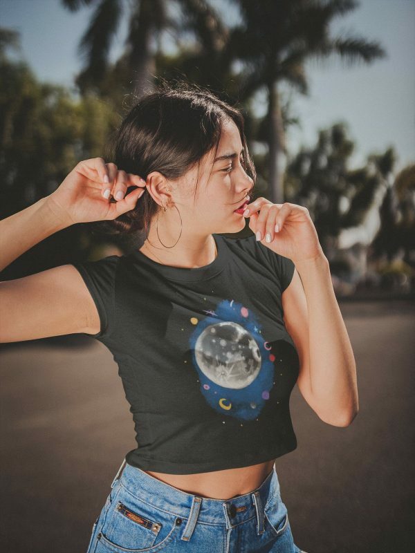 Galactic Moon Black Crop Tee, Mystic Planet Stars Luna Print, UFO Cosmic Streetwear Shirt