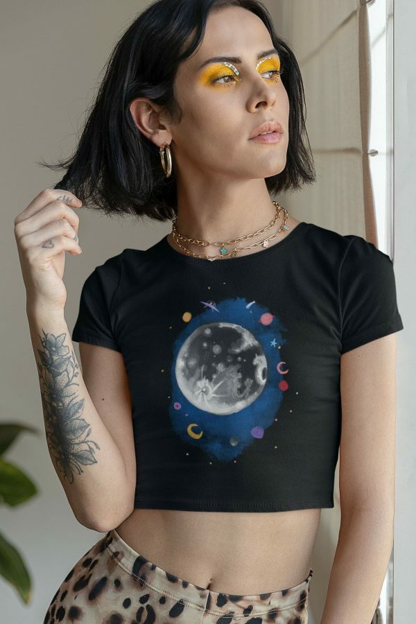 Galactic Moon Black Crop Tee, Mystic Planet Stars Luna Print, UFO Cosmic Streetwear Shirt