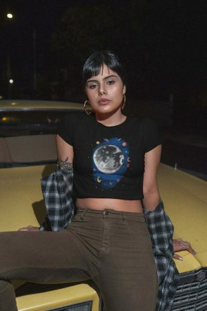 Galactic Moon Black Crop Tee, Mystic Planet Stars Luna Print, UFO Cosmic Streetwear Shirt