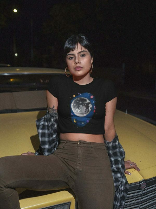 Galactic Moon Black Crop Tee, Mystic Planet Stars Luna Print, UFO Cosmic Streetwear Shirt