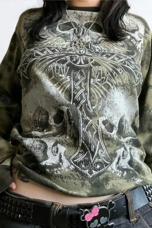 Goth Skull Y2K Streetwear Long Sleeve Top