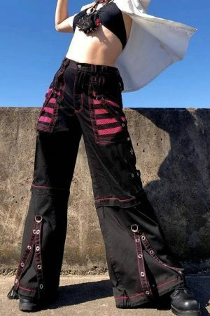 Gothic Baggy Cargo Pants Women Low Waist Wide Leg Vintage Chain Trousers