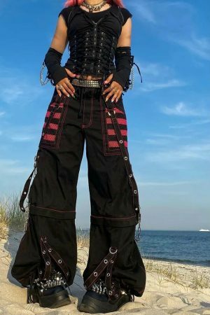 Gothic Baggy Cargo Pants Women Low Waist Wide Leg Vintage Chain Trousers