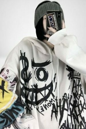 Gothic Harajuku Skull Smiley Hoodie Sweater - Y2K Streetwear Aesthetic