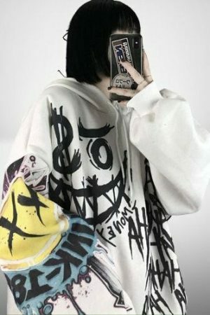 Gothic Harajuku Skull Smiley Hoodie Sweater - Y2K Streetwear Aesthetic