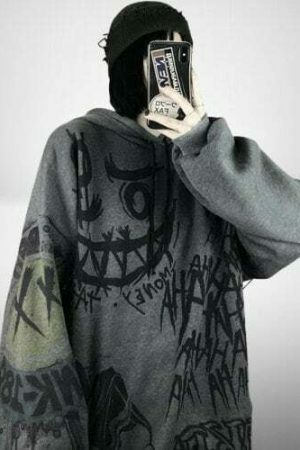 Gothic Harajuku Skull Smiley Hoodie Sweater - Y2K Streetwear Aesthetic