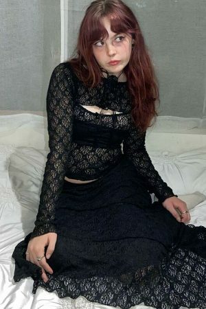 Gothic Korean Lace Skirt Set with Hollow Out Crop Top & Asymmetrical Long Skirt