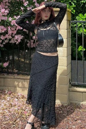 Gothic Korean Lace Skirt Set with Hollow Out Crop Top & Asymmetrical Long Skirt