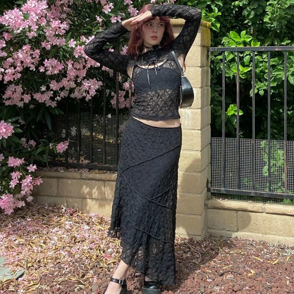 Gothic Korean Lace Skirt Set with Hollow Out Crop Top & Asymmetrical Long Skirt