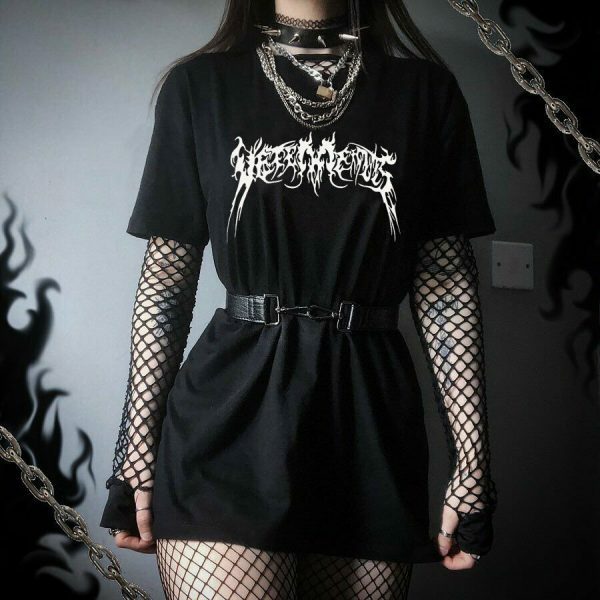 Gothic Print Oversized Tee, Y2K Vintage Streetwear Aesthetic