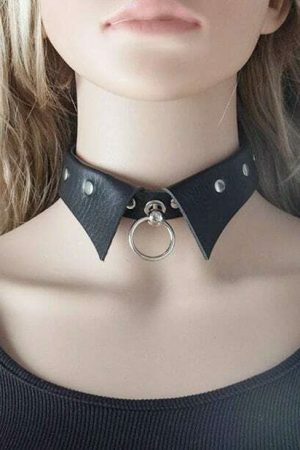 Gothic PU Leather Studded Collar Choker with Ring - Y2K Streetwear Necklace for Women