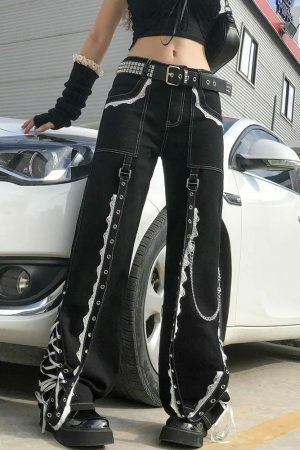 Gothic Punk Style Cargo Jeans Baggy Streetwear Y2K Denim Pants