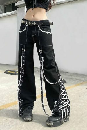 Gothic Punk Style Cargo Jeans Baggy Streetwear Y2K Denim Pants