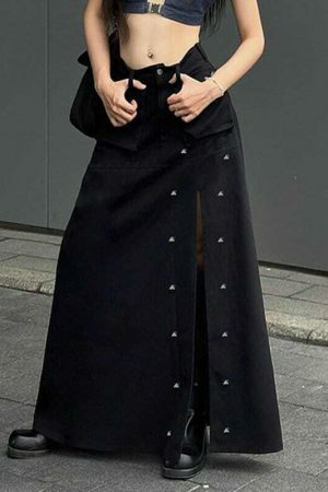 Gothic Rivet High Split Long Skirt Y2K Streetwear Low Waist Black Punk Maxi Grunge Techwear