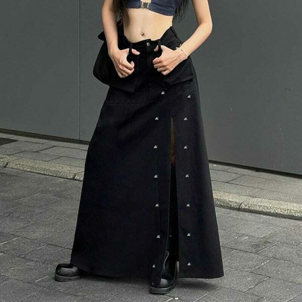 Gothic Rivet High Split Long Skirt Y2K Streetwear Low Waist Black Punk Maxi Grunge Techwear