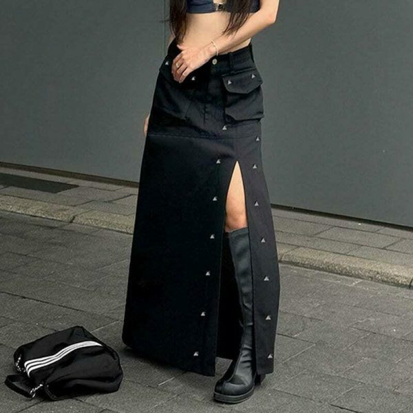 Gothic Rivet High Split Long Skirt Y2K Streetwear Low Waist Black Punk Maxi Grunge Techwear