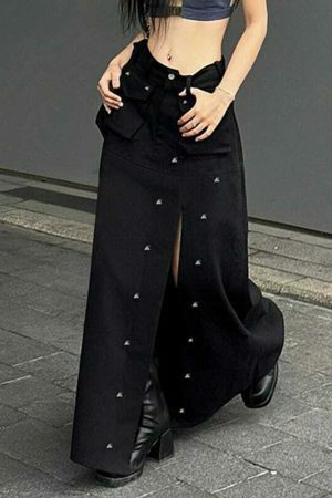 Gothic Rivet High Split Long Skirt Y2K Streetwear Low Waist Black Punk Maxi Grunge Techwear