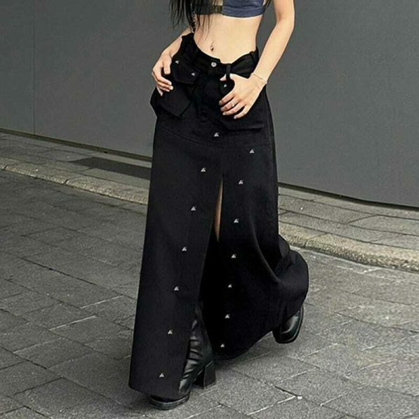 Gothic Rivet High Split Long Skirt Y2K Streetwear Low Waist Black Punk Maxi Grunge Techwear