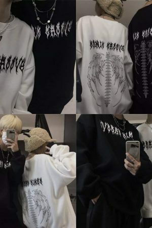 Gothic Skeleton Print Oversized Grunge Hoodie, Y2K Streetwear Sweatshirt