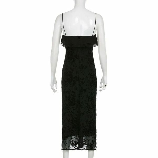 Gothic Strapless Floral Mesh Black Long Dress