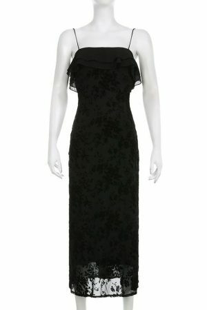 Gothic Strapless Floral Mesh Black Long Dress