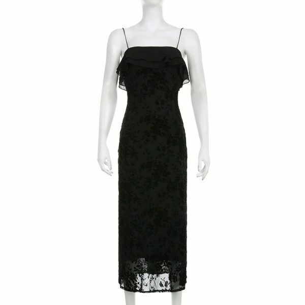 Gothic Strapless Floral Mesh Black Long Dress