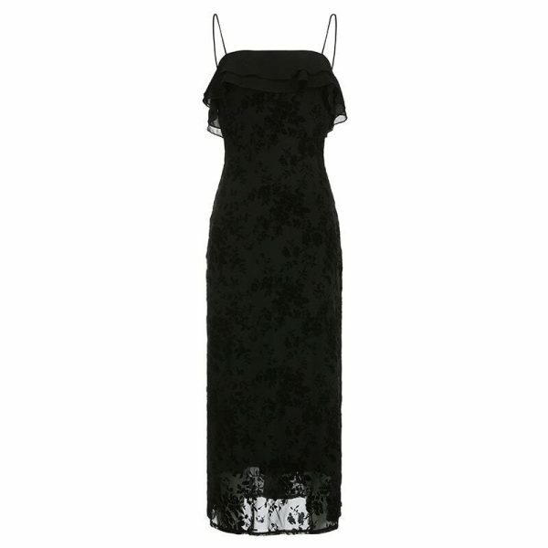 Gothic Strapless Floral Mesh Black Long Dress