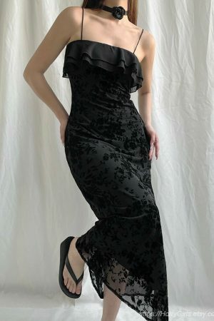 Gothic Strapless Floral Mesh Black Long Dress