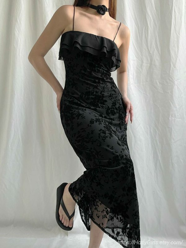 Gothic Strapless Floral Mesh Black Long Dress