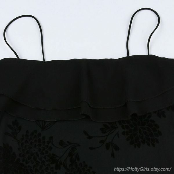 Gothic Strapless Floral Mesh Black Long Dress