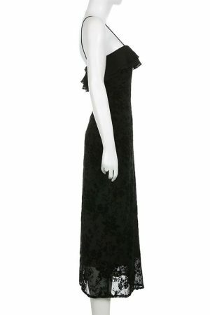 Gothic Strapless Floral Mesh Black Long Dress