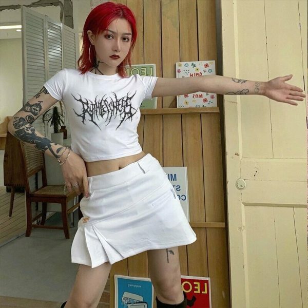 Gothic Trippy Print Crop Tee Y2K Punk Vintage Streetwear Top