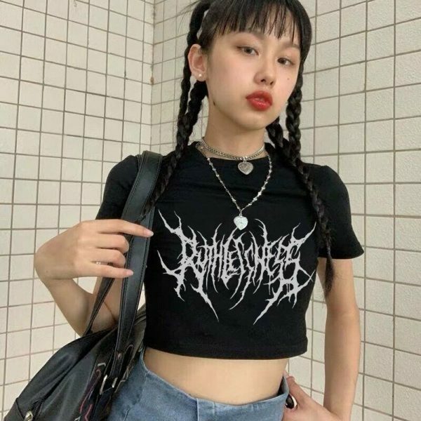 Gothic Trippy Print Crop Tee Y2K Punk Vintage Streetwear Top