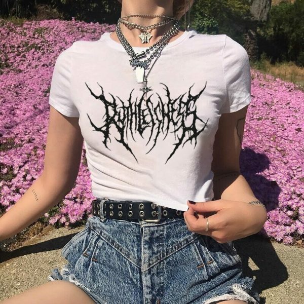 Gothic Trippy Print Crop Tee Y2K Punk Vintage Streetwear Top